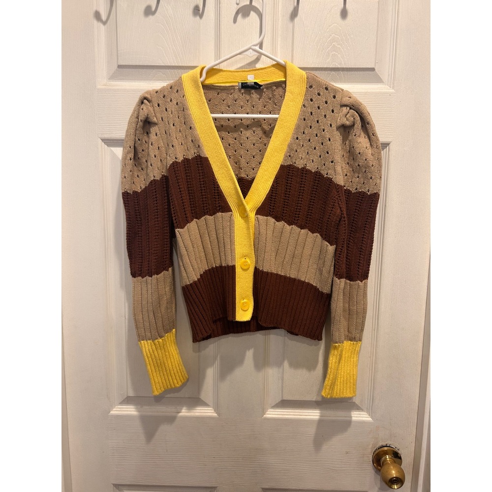 Anthro Calligraphie Womens Striped Puff Sleeve Cardigan Brown Yellow Pointelle L